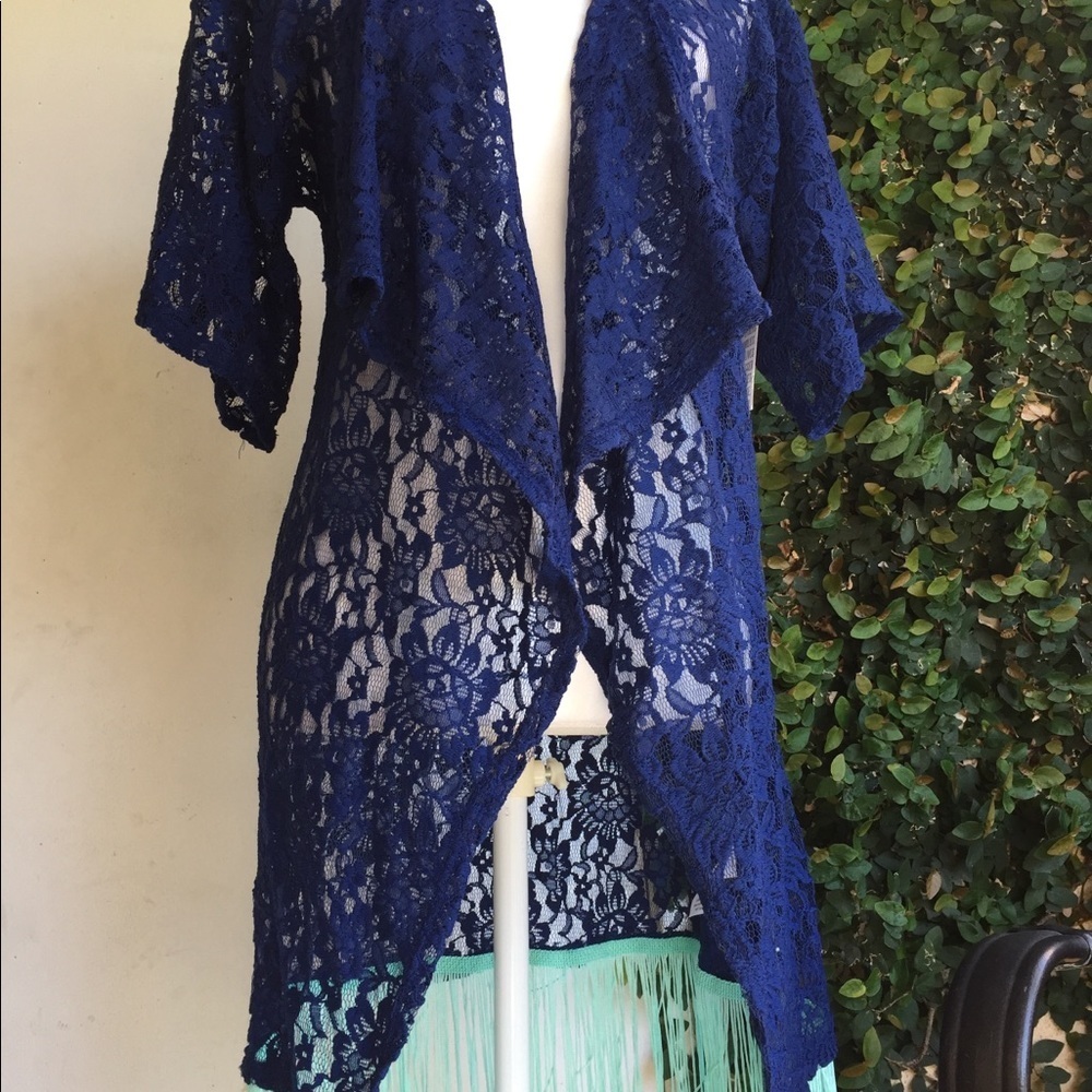 LULAROE Blue Fringe Kimono Lightweight Summer Casual Vacation Small BNWT - Picture 6 of 7
